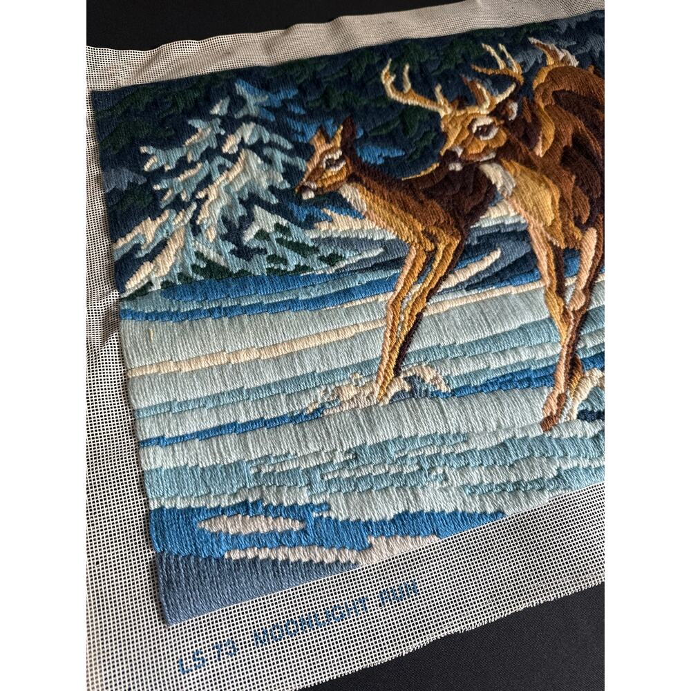 Vintage 1983 Moonlight Run Needlepoint Tapestry Deer Doe Buck Monarch Horizons - Picture 4 of 12